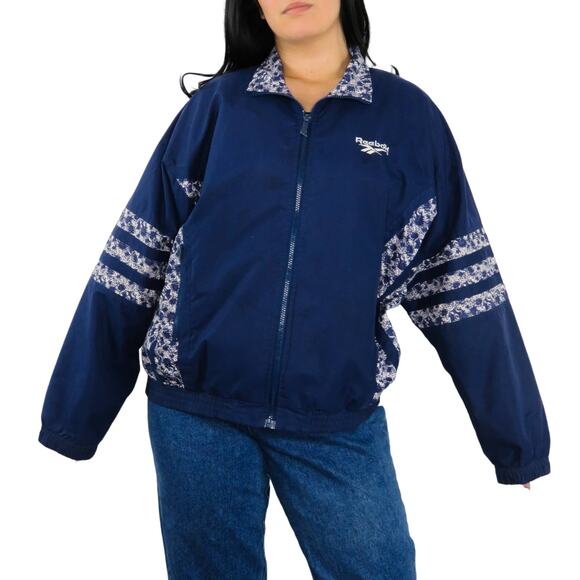 1990s Vintage Reebok Navy Blue Windbreaker Jacket Large Bloke Sportswear Retro - Picture 1 of 10